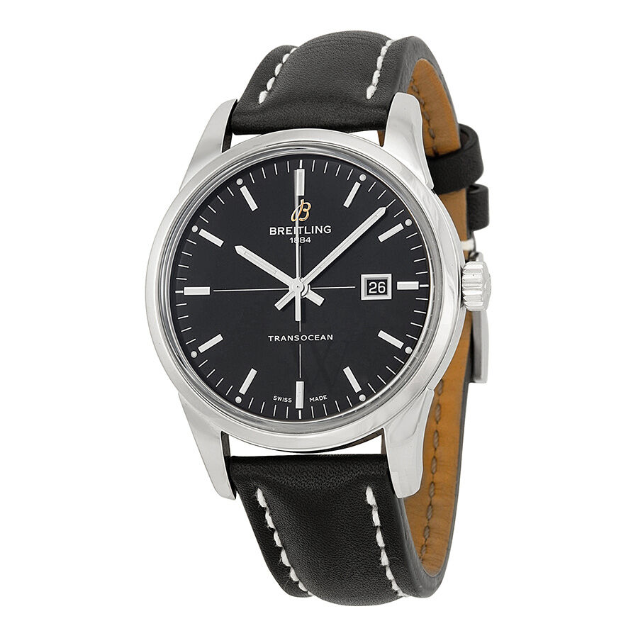 Men's Transocean Leather Black Dial Watch
