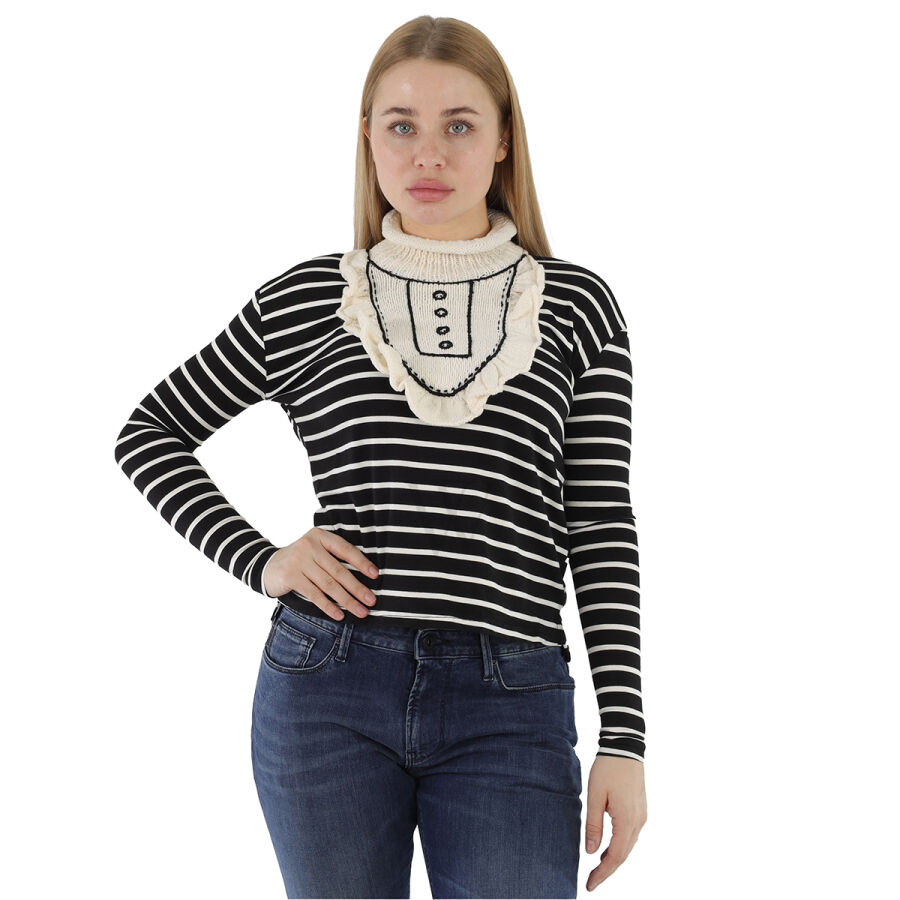 Ladies Black, White Loose Long-sleeve T-shirt, Size X-Small