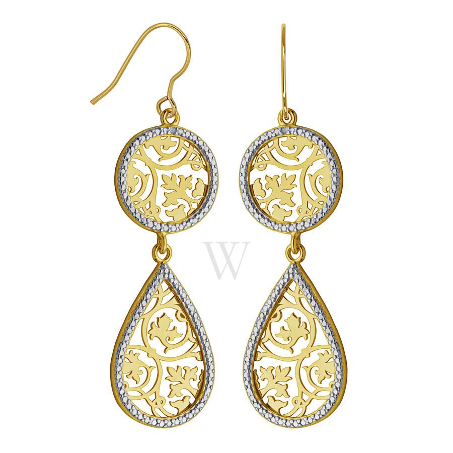 14k Yellow Gold and Rhodium Plated Sterling Silver Diamond Accent Open Work Dangle Earrings 32AEY39633-0PSA900