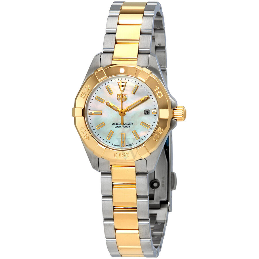 Women's Aquaracer Stainless Steel with 18kt Yellow Gold-plated White Mother of Pearl Dial Watch