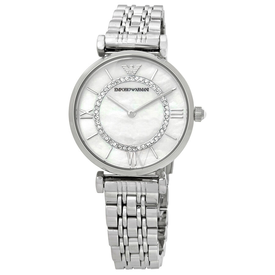 Women's Classic Stainless Steel Mother of Pearl set with one rows of Crystals Dial Watch