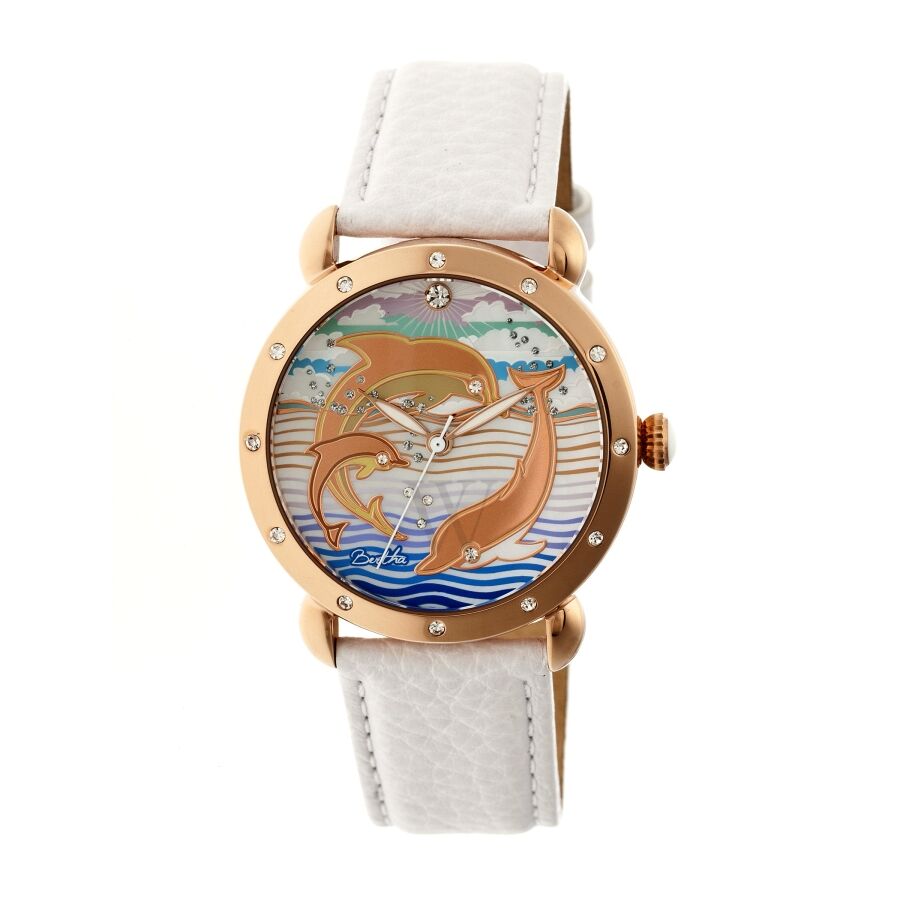 Women's Estella Leather Custom Engraved Mother of Pearl Crystal-set Dial Watch