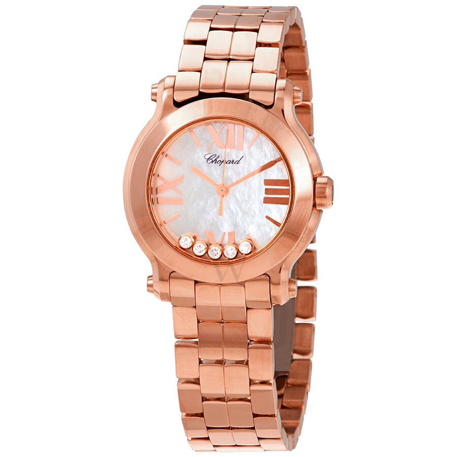 Women's Happy Sport 18kt Rose Gold Polished Mother Of Pearl with 5 Floating Diamonds Dial Watch