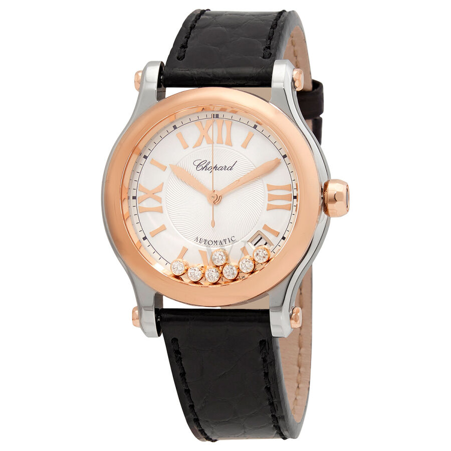 Women's Happy Sport Leather Silver with Seven Floating Diamonds Dial Watch
