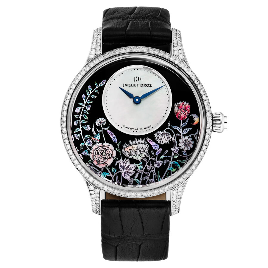 Women's Petite Heure Rolled-edge Hand-made Leather Black Floral and Mother of Pearl Dial Watch