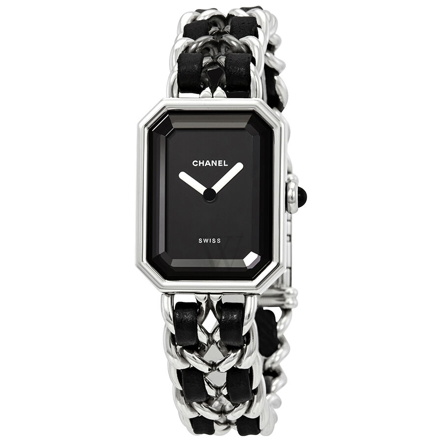 Women's Premiere Stainless Steel and Black Leather Black Lacquered Dial Watch