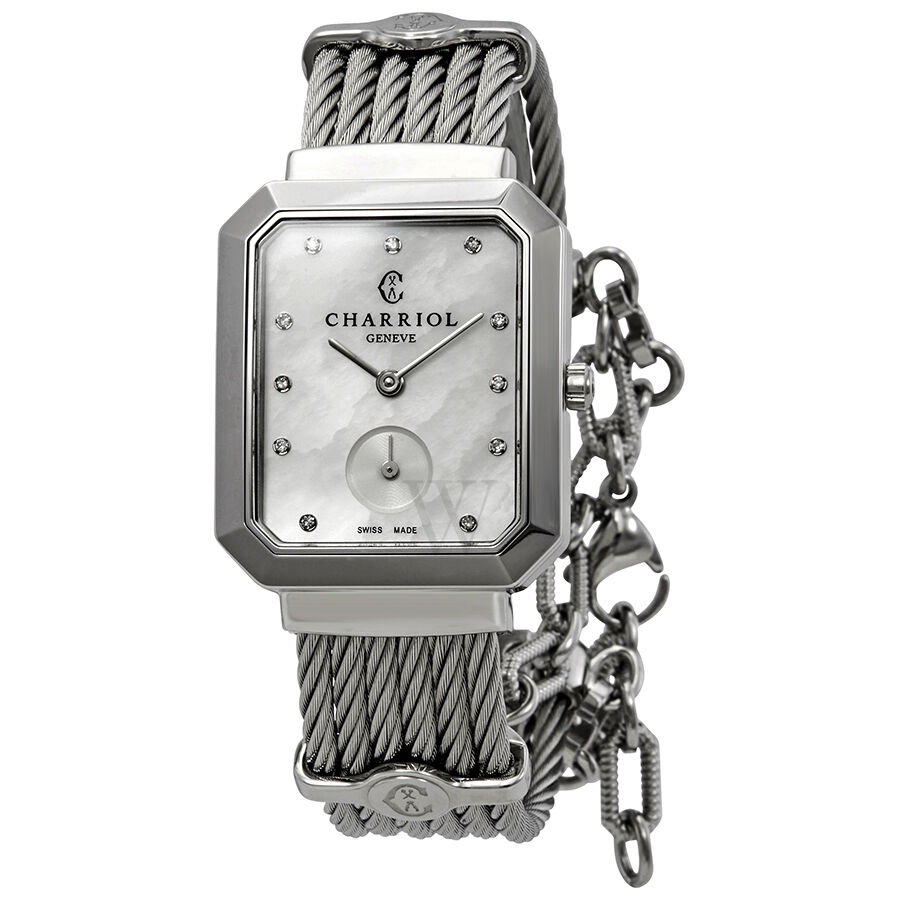 Women's St. Tropez Mansart Stainless Steel Twisted Chevron Cable White Mother of Pearl Dial Watch