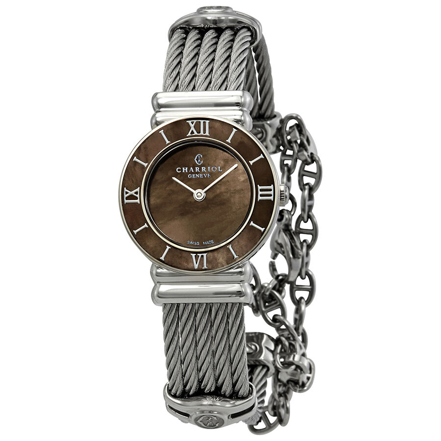 Women's St. Tropez Stainless Steel Chevron Cable Brown Mother of Pearl Dial Watch