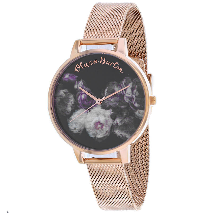 Women's Stainless Steel Black And Floral Unadorned Dial Watch